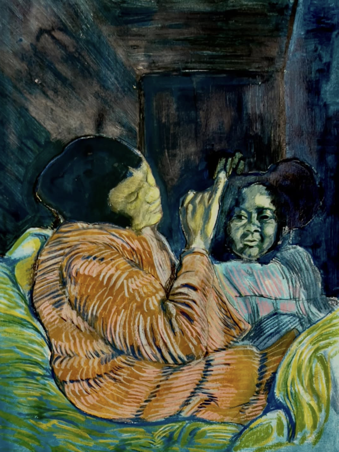 Painting by Luke Denton McComish — two figures before a mirror in a dark interior