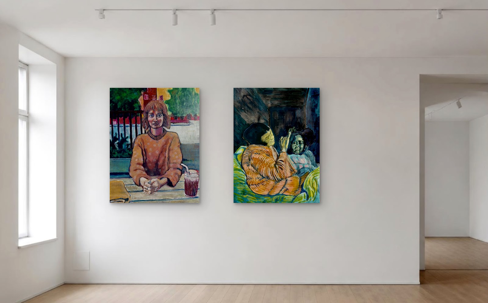 Two paintings by Luke Denton McComish in a bright white gallery room