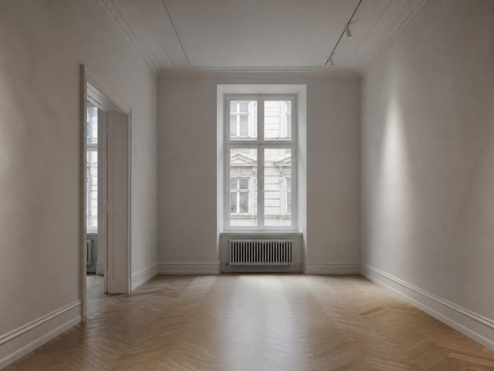 Empty Stockholm apartment room with herringbone floor and tall window