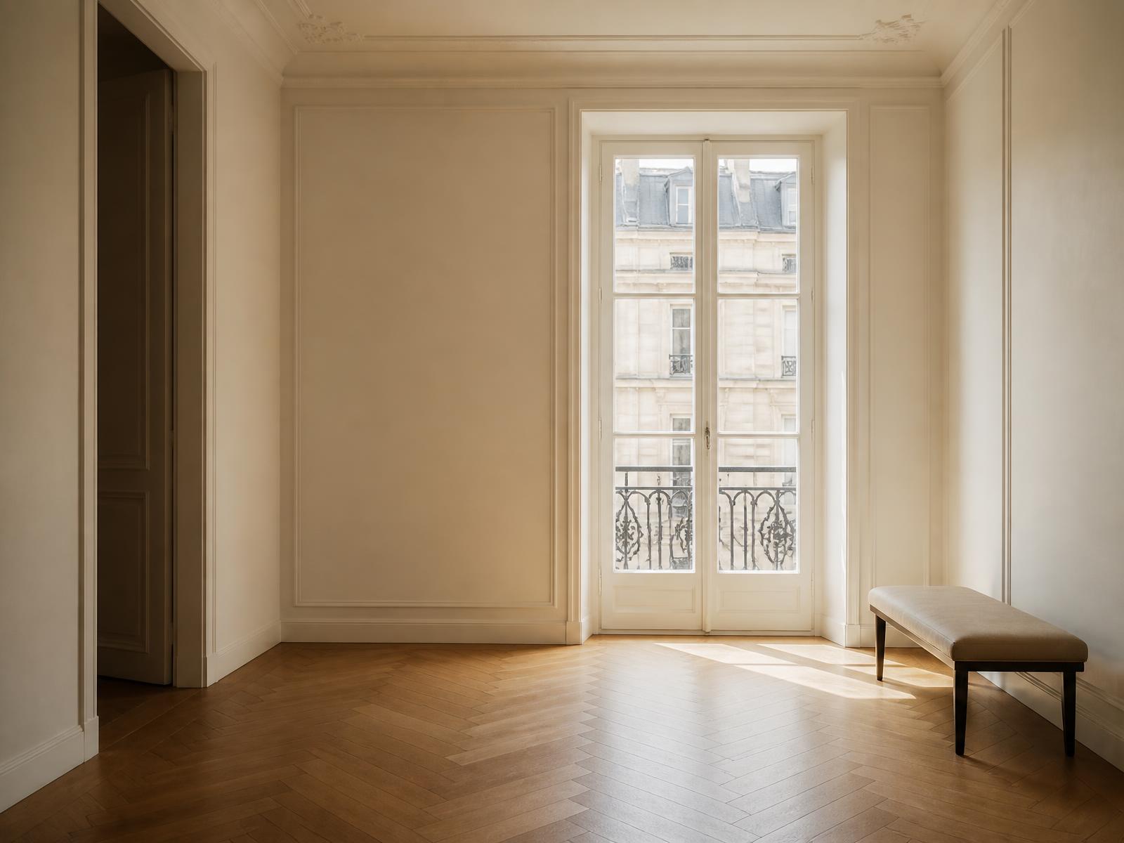 Empty Parisian apartment with parquet floor, tall window and a single bench